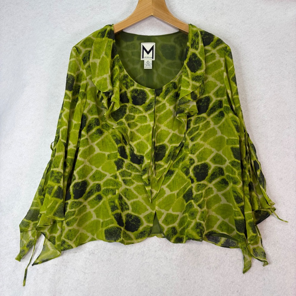 Sheer Silk Ruffle Green Animal Print Blouse Women 2X Whimsigoth Boho Fairy Flowy